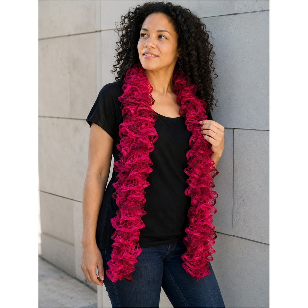 Red Ruffle Sash Scarf Lattice Knit Burgundy Textured 62 Inch Long